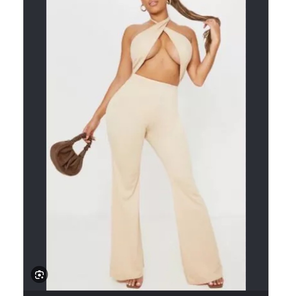 PrettyLittleThing Stone Ribbed Cross Front Halter Wide Leg Jumpsuit NWT Size 8